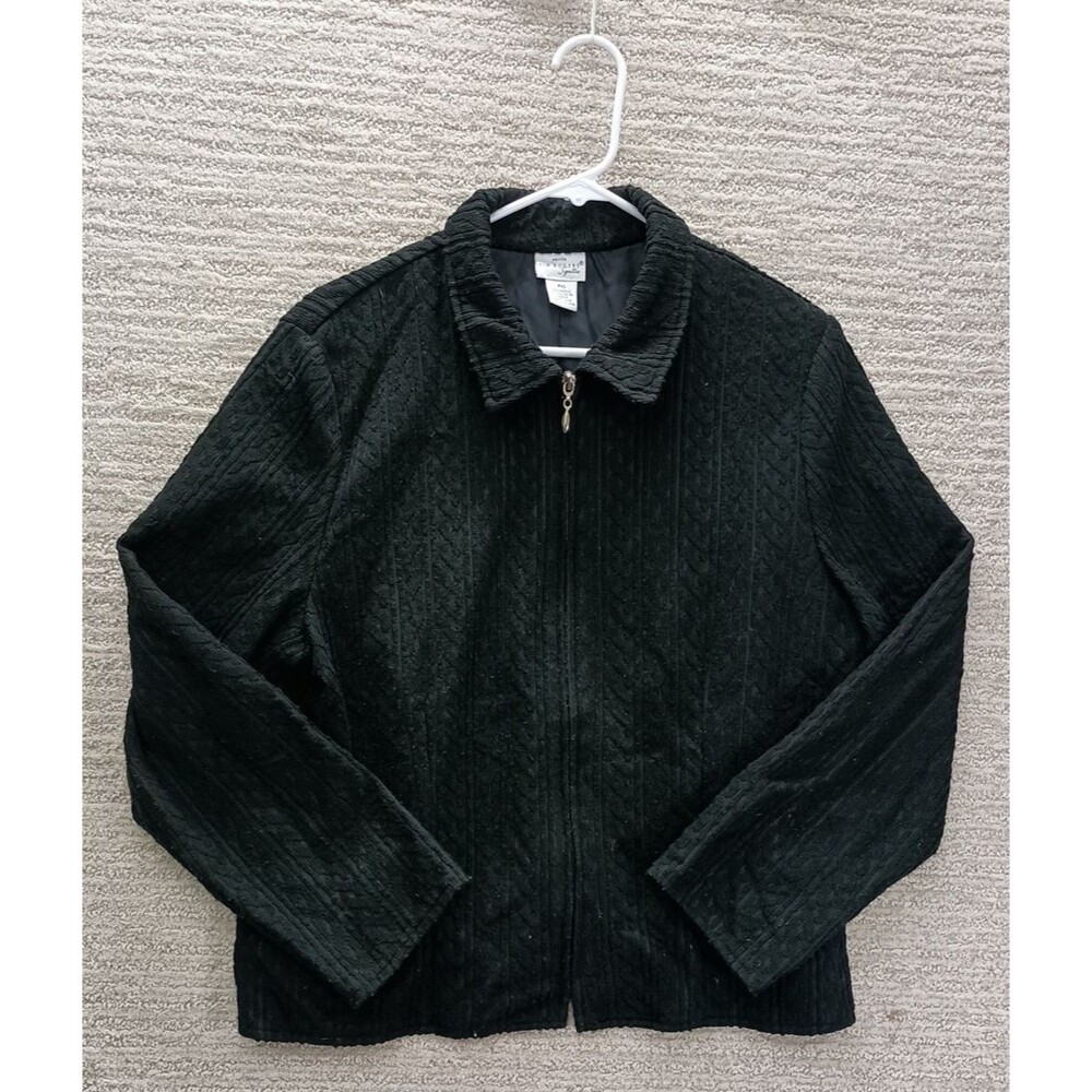 Kim Rogers Womens Sweater Black Textured Knit Long Sleeve Collared Cable Sz PXL
